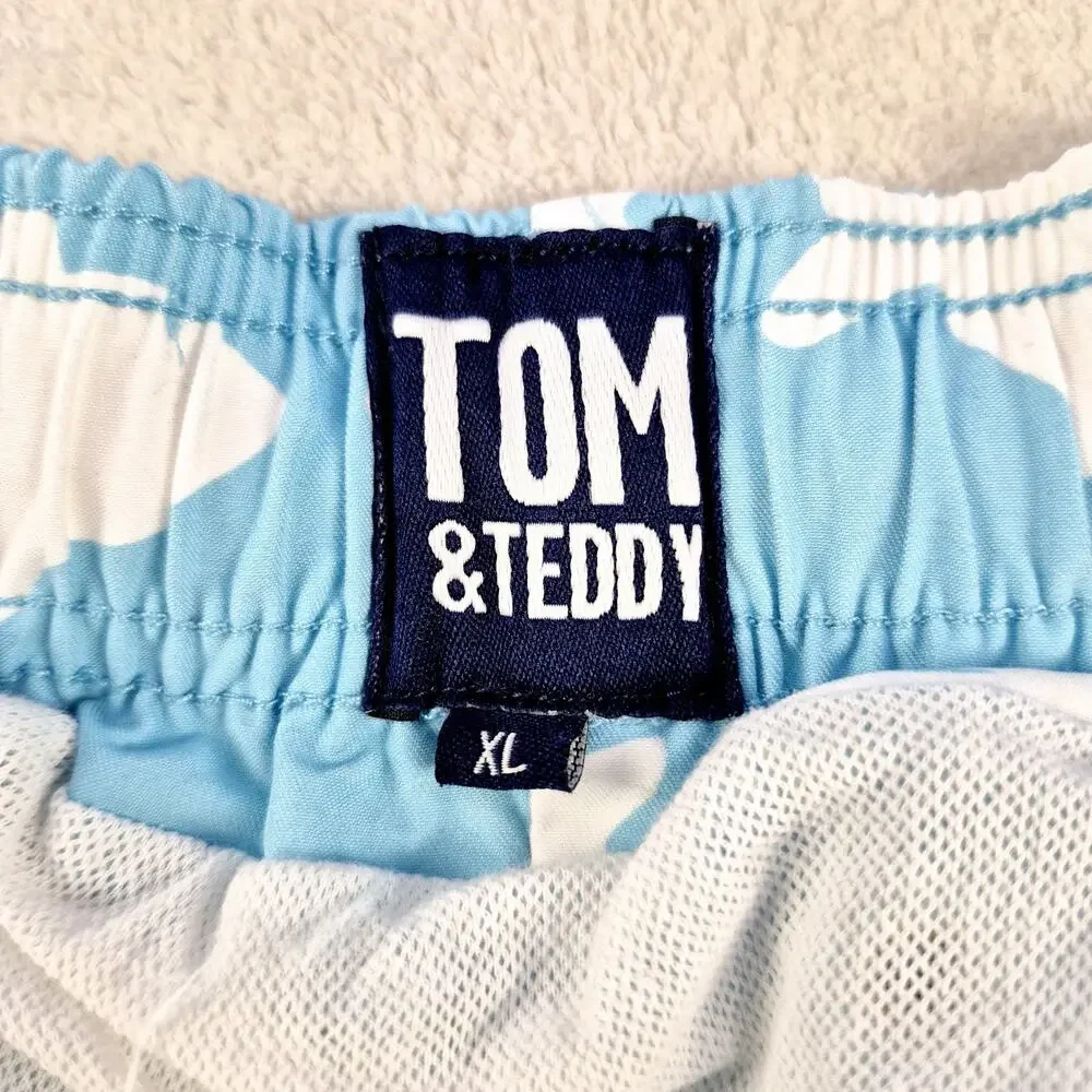Tom & Teddy Mens XL Soft Blue & White Fish Mesh Lined Drawstring Swim Shorts
